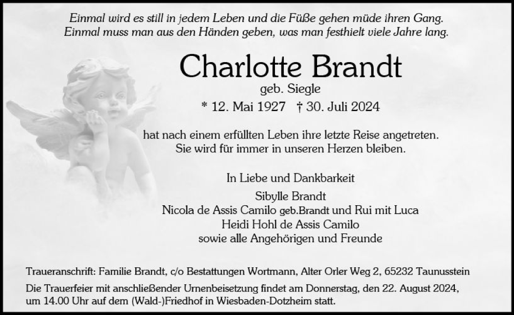  Traueranzeige für Charlotte Brandt vom 10.08.2024 aus Wiesbadener Kurier