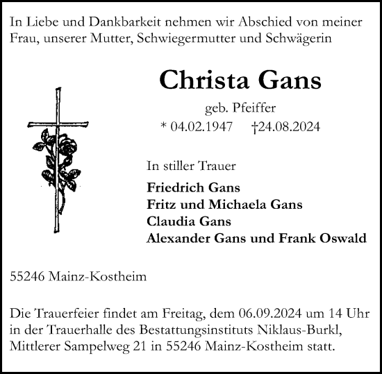 Traueranzeige von Christa Gans von Allgemeine Zeitung Mainz