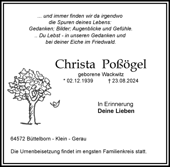 Traueranzeige von Christa Poßögel von Groß-Gerauer Echo