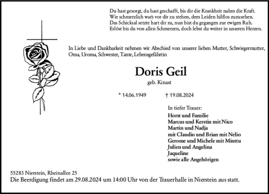 Traueranzeige von Doris Geil von Allgemeine Zeitung Mainz