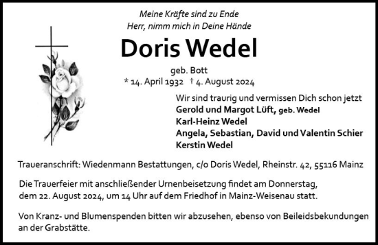 Traueranzeige von Doris Wedel von Allgemeine Zeitung Mainz