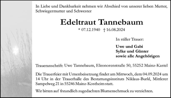 Traueranzeige von Edeltraut Tannebaum von Allgemeine Zeitung Mainz