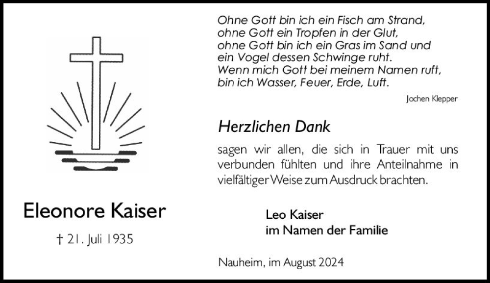  Traueranzeige für Eleonore Kaiser vom 17.08.2024 aus Rüsselsheimer Echo