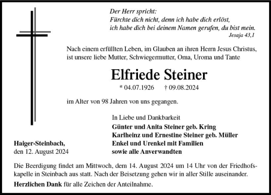 Traueranzeige von Elfriede Steiner von Dill Block