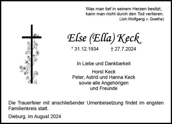 Traueranzeige von Else Keck von Dieburger Anzeiger/Groß-Zimmerner Lokal-Anzeiger