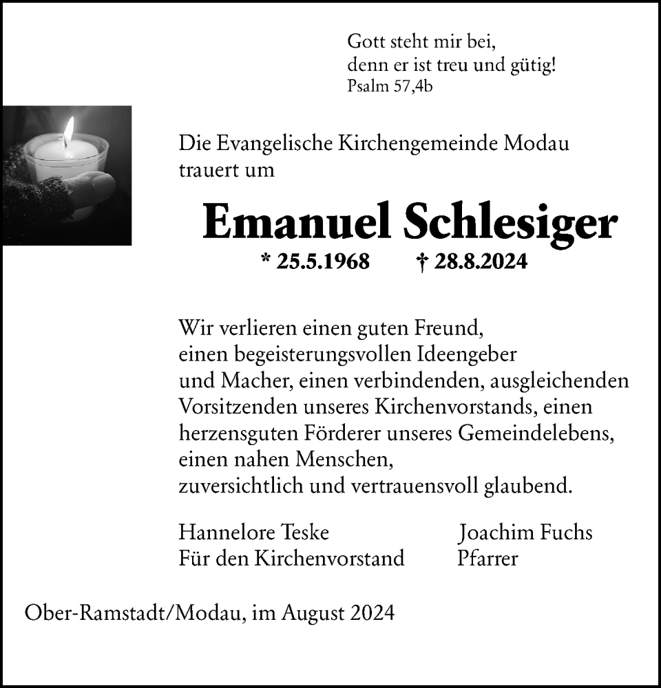  Traueranzeige für Emanuel Schlesiger vom 31.08.2024 aus Darmstädter Echo