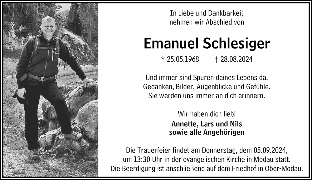  Traueranzeige für Emanuel Schlesiger vom 31.08.2024 aus Darmstädter Echo