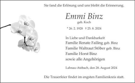 Traueranzeige von Emmi Binz von Wetzlarer Neue Zeitung