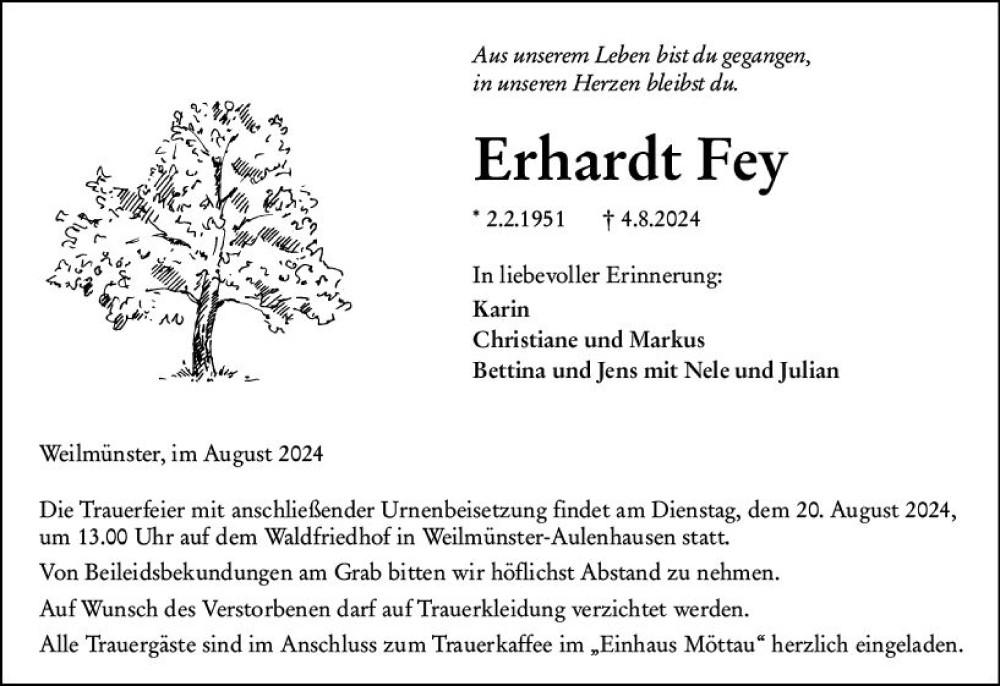  Traueranzeige für Erhardt Fey vom 14.08.2024 aus Weilburger Tageblatt