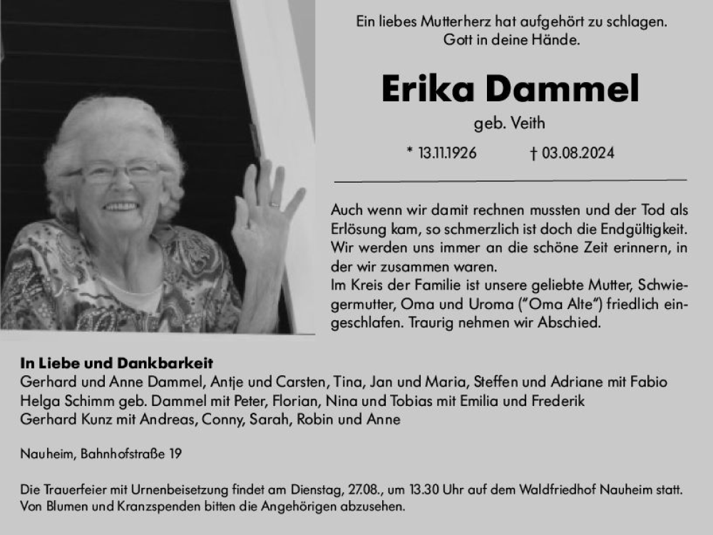  Traueranzeige für Erika Dammel vom 21.08.2024 aus Rüsselsheimer Echo