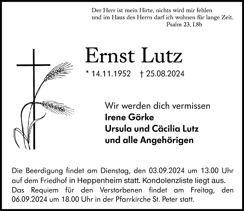  Traueranzeige für Ernst Lutz vom 31.08.2024 aus Starkenburger Echo