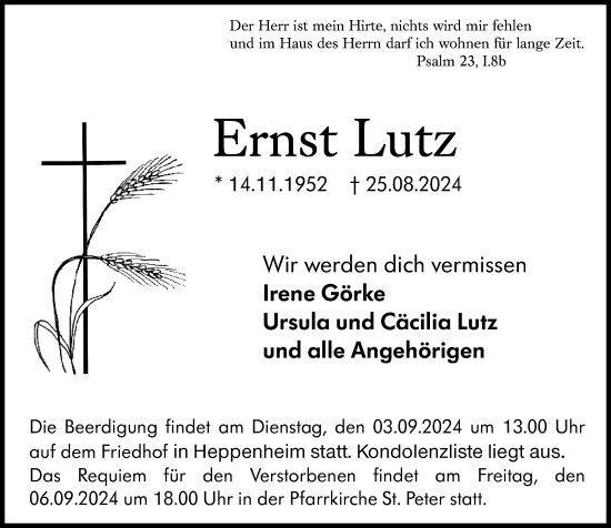 Traueranzeige von Ernst Lutz von Starkenburger Echo