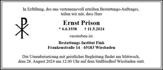 Traueranzeige von Ernst Prison von Wiesbadener Kurier