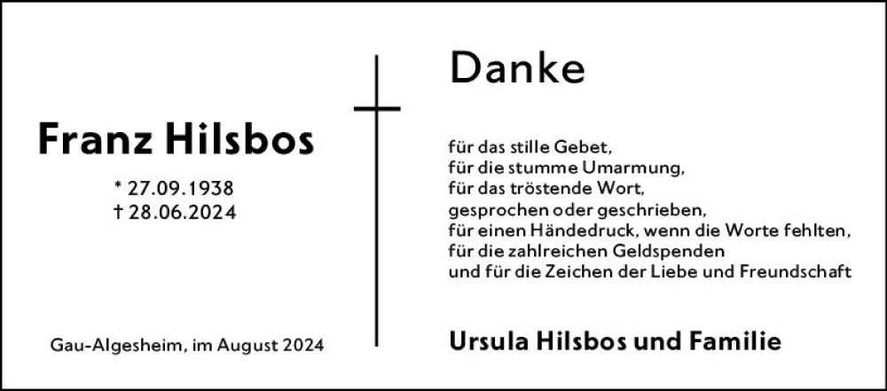  Traueranzeige für Franz Hilsbos vom 17.08.2024 aus Allgemeine Zeitung Rheinhessen-Nahe