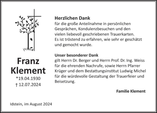 Traueranzeige von Franz Klement von Idsteiner Land/Untertaunus