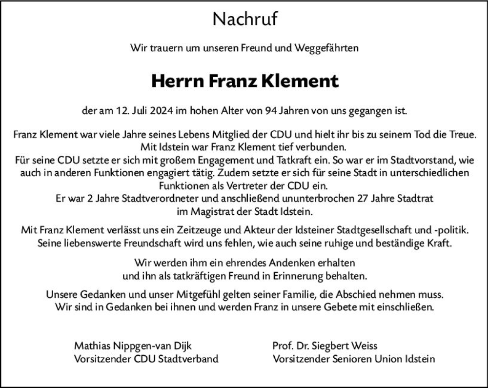  Traueranzeige für Franz Klement vom 10.08.2024 aus Idsteiner Land/Untertaunus