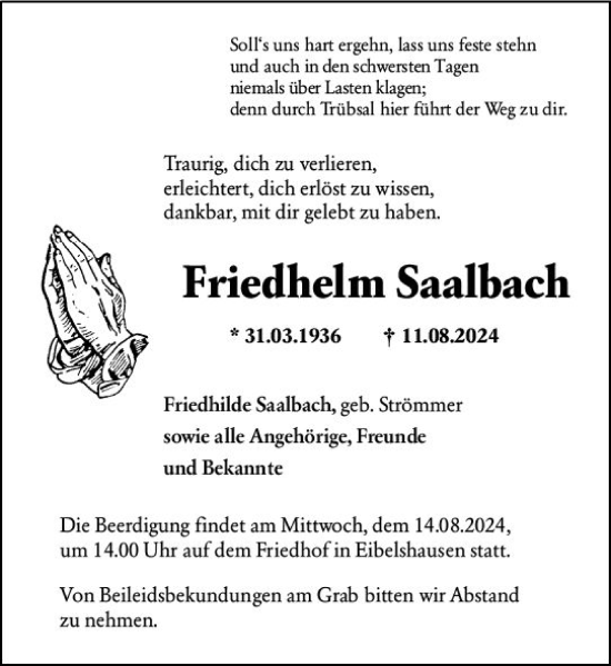 Traueranzeige von Friedhelm Saalbach von Dill Block