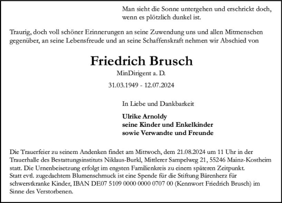 Traueranzeige von Friedrich Brusch von Wiesbadener Kurier
