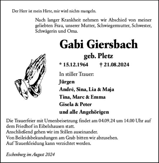 Traueranzeige von Gabi Giersbach von Dill Block