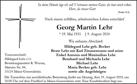 Traueranzeige von Georg Martin Lehr von Allgemeine Zeitung Mainz