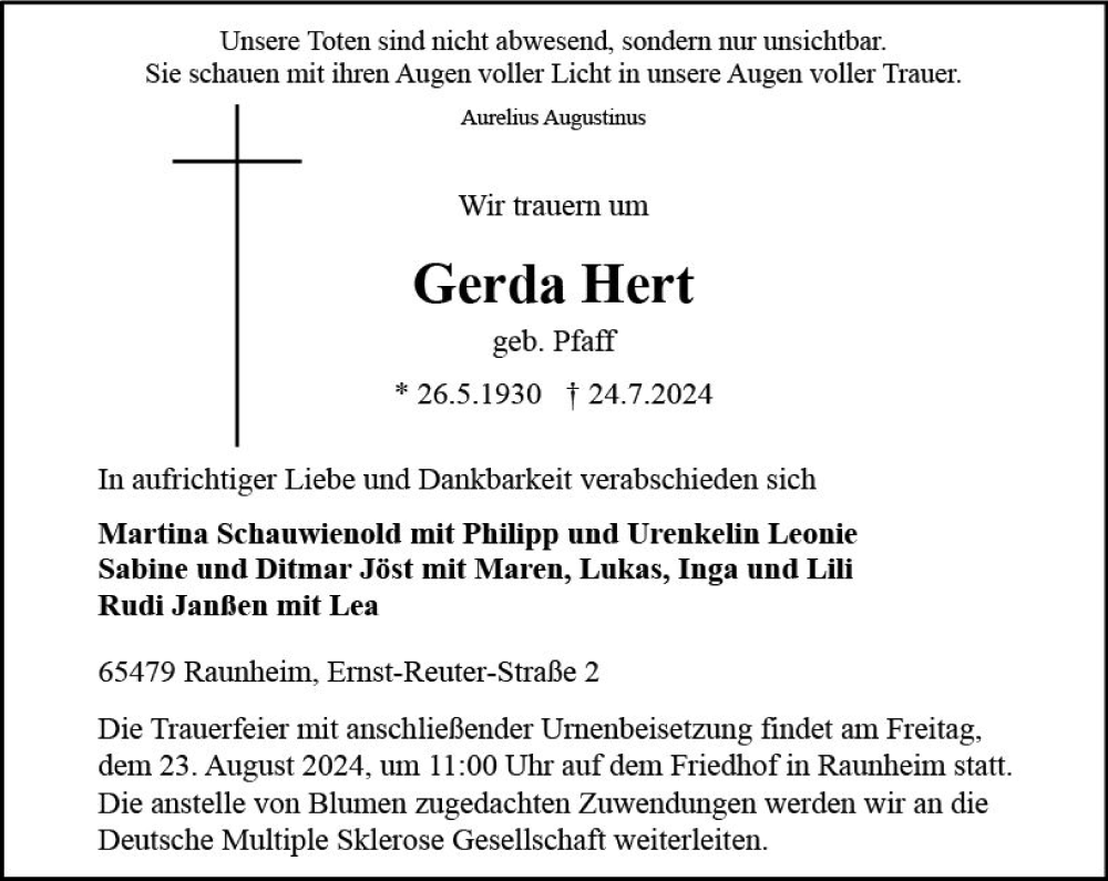  Traueranzeige für Gerda Hert vom 03.08.2024 aus Rüsselsheimer Echo