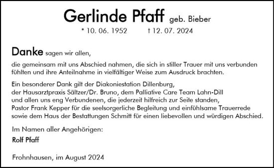 Traueranzeige von Gerlinde Pfaff von Dill Block