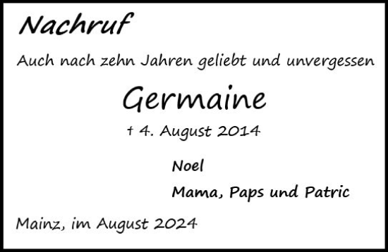 Traueranzeige von Germaine  von Allgemeine Zeitung Mainz