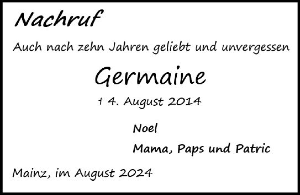  Traueranzeige für Germaine  vom 03.08.2024 aus Allgemeine Zeitung Mainz