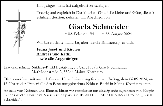 Traueranzeige von Gisela Schneider von Allgemeine Zeitung Mainz