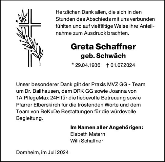 Traueranzeige von Greta Schaffner von Groß-Gerauer Echo