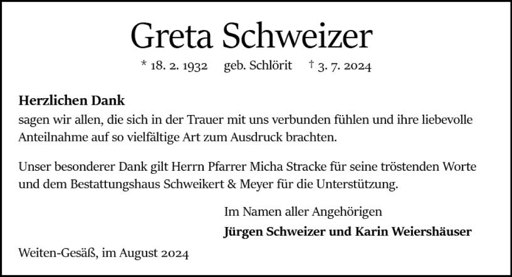  Traueranzeige für Greta Schweizer vom 03.08.2024 aus Odenwälder Echo