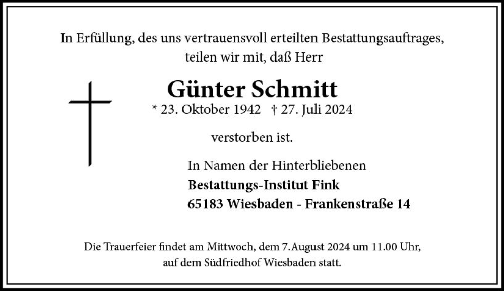  Traueranzeige für Günter Schmitt vom 03.08.2024 aus Wiesbadener Kurier
