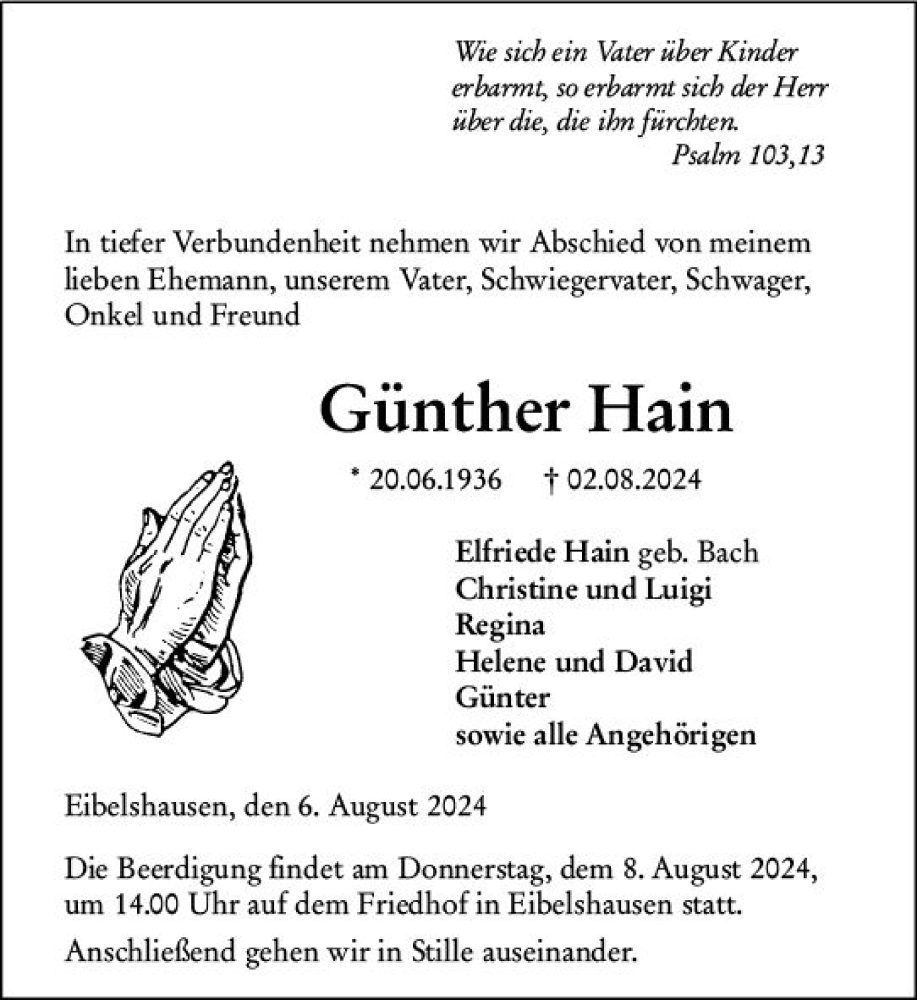  Traueranzeige für Günther Hain vom 06.08.2024 aus Dill Block