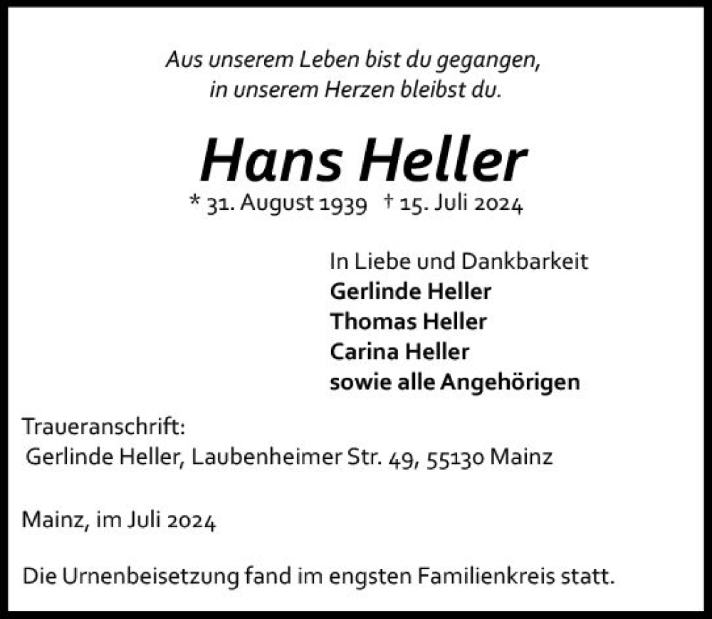  Traueranzeige für Hans Heller vom 03.08.2024 aus Allgemeine Zeitung Mainz