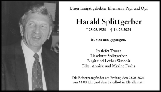 Traueranzeige von Harald Splittgerber von Wiesbadener Kurier
