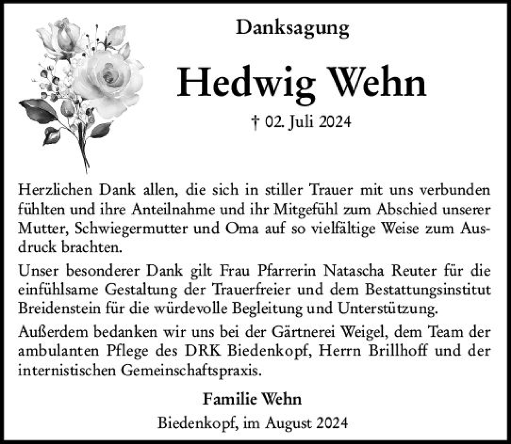  Traueranzeige für Hedwig Wehn vom 07.08.2024 aus Hinterländer Anzeiger
