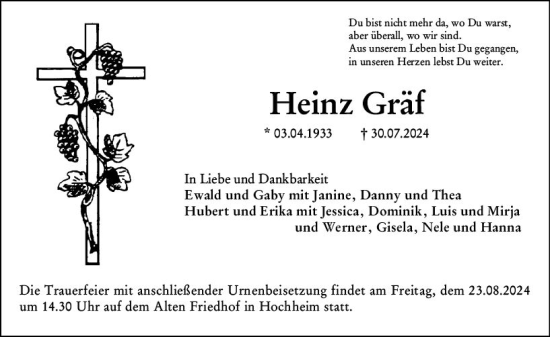 Traueranzeige von Heinz Gräf von Hochheimer Zeitung