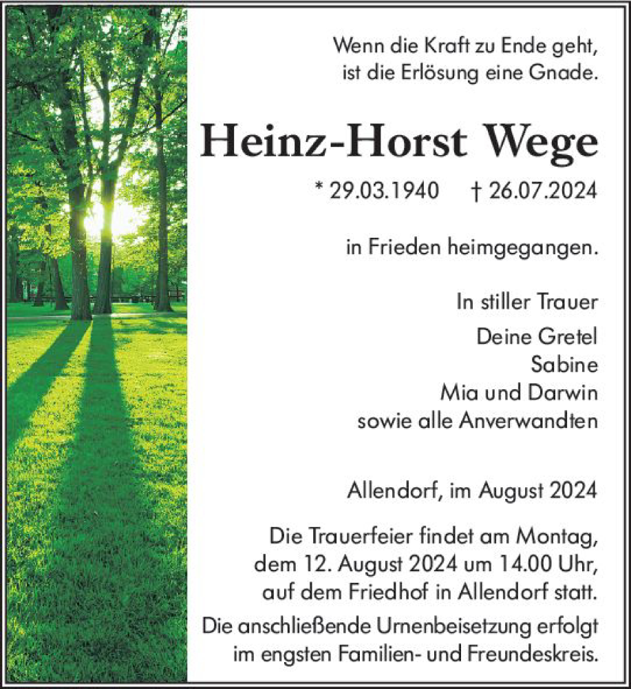  Traueranzeige für Heinz-Horst Wege vom 07.08.2024 aus Hinterländer Anzeiger