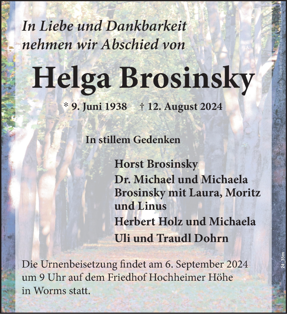  Traueranzeige für Helga Brosinsky vom 31.08.2024 aus Wormser Zeitung