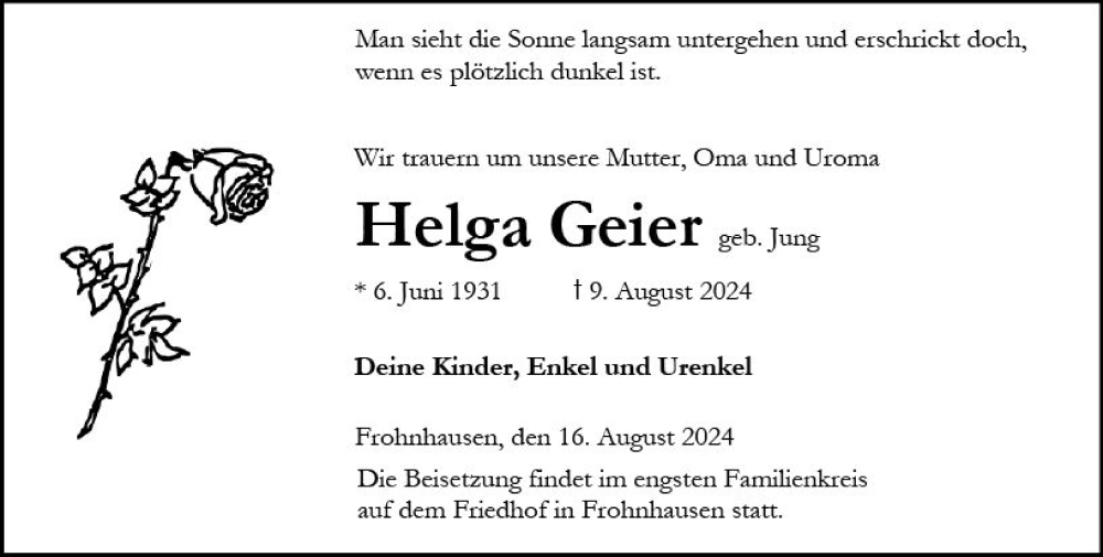  Traueranzeige für Helga Geier vom 16.08.2024 aus Dill Block