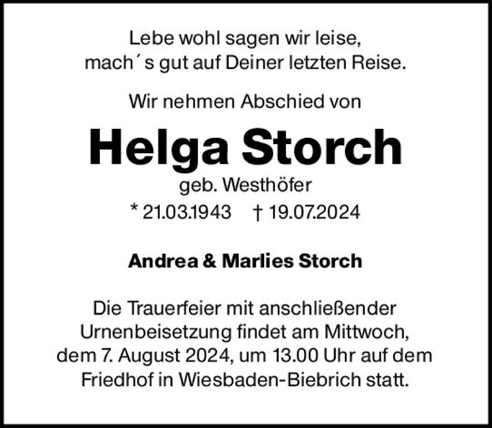  Traueranzeige für Helga Storch vom 03.08.2024 aus Wiesbadener Kurier