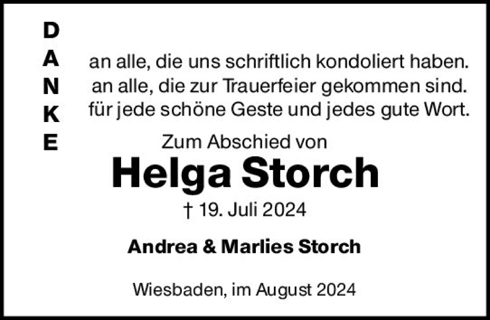  Traueranzeige für Helga Storch vom 17.08.2024 aus Wiesbadener Kurier