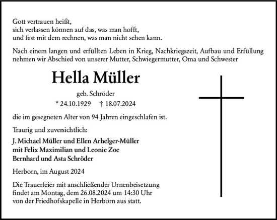 Traueranzeige von Hella Müller von Dill Block