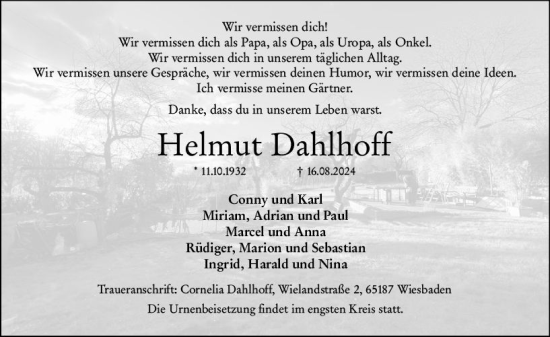 Traueranzeige von Helmut Dahlhoff von Wiesbadener Kurier