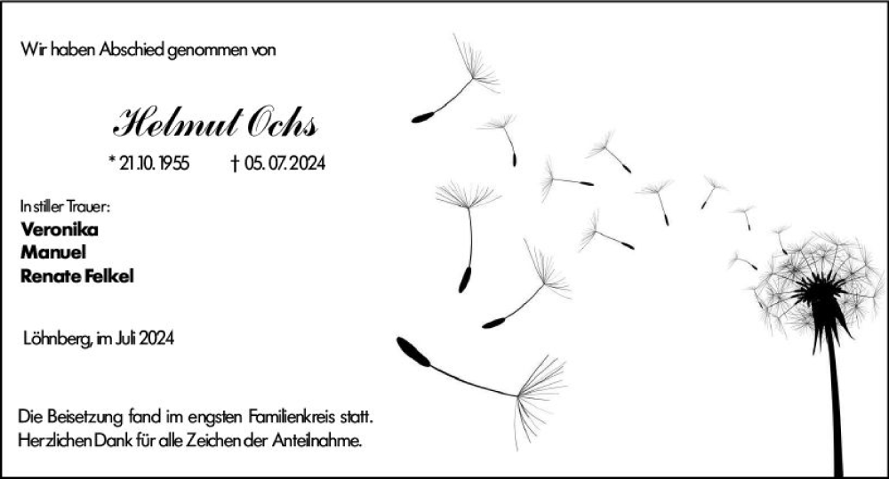  Traueranzeige für Helmut Ochs vom 03.08.2024 aus Weilburger Tageblatt