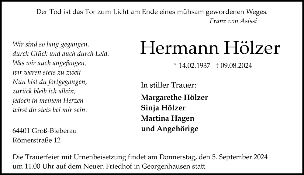 Traueranzeige für Hermann Hölzer vom 31.08.2024 aus Darmstädter Echo