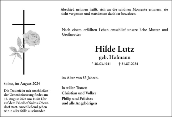 Traueranzeige von Hilde Lutz von Wetzlarer Neue Zeitung
