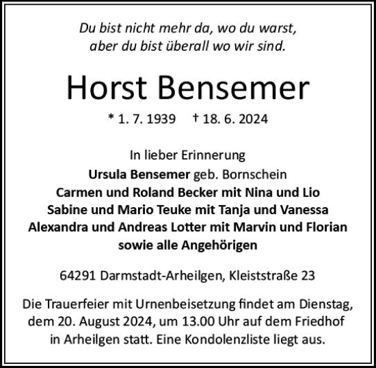 Traueranzeige von Horst Bensemer von Darmstädter Echo