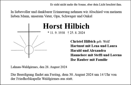 Traueranzeige von Horst Hilbich von Wetzlarer Neue Zeitung