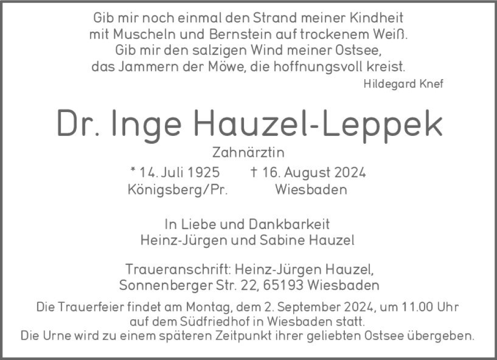  Traueranzeige für Inge Hauzel-Leppek vom 24.08.2024 aus Wiesbadener Kurier
